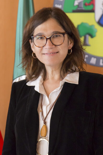 Foto oficial tipo retrato de María Mercedes Rico García delante de una pared con la bandera y el logo de la universidad.