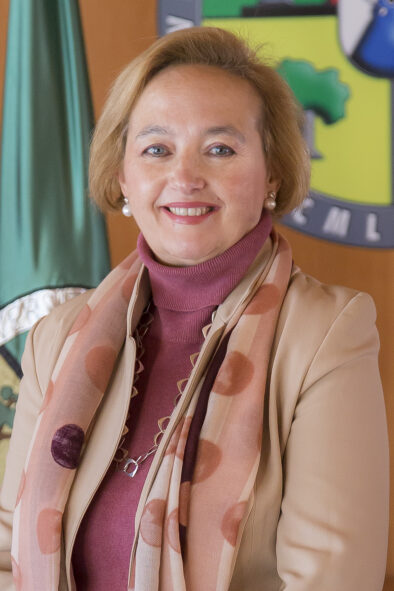 Foto oficial tipo retrato de Mª Teresa Terrón Reynolds delante de una pared con la bandera y el logo de la universidad.